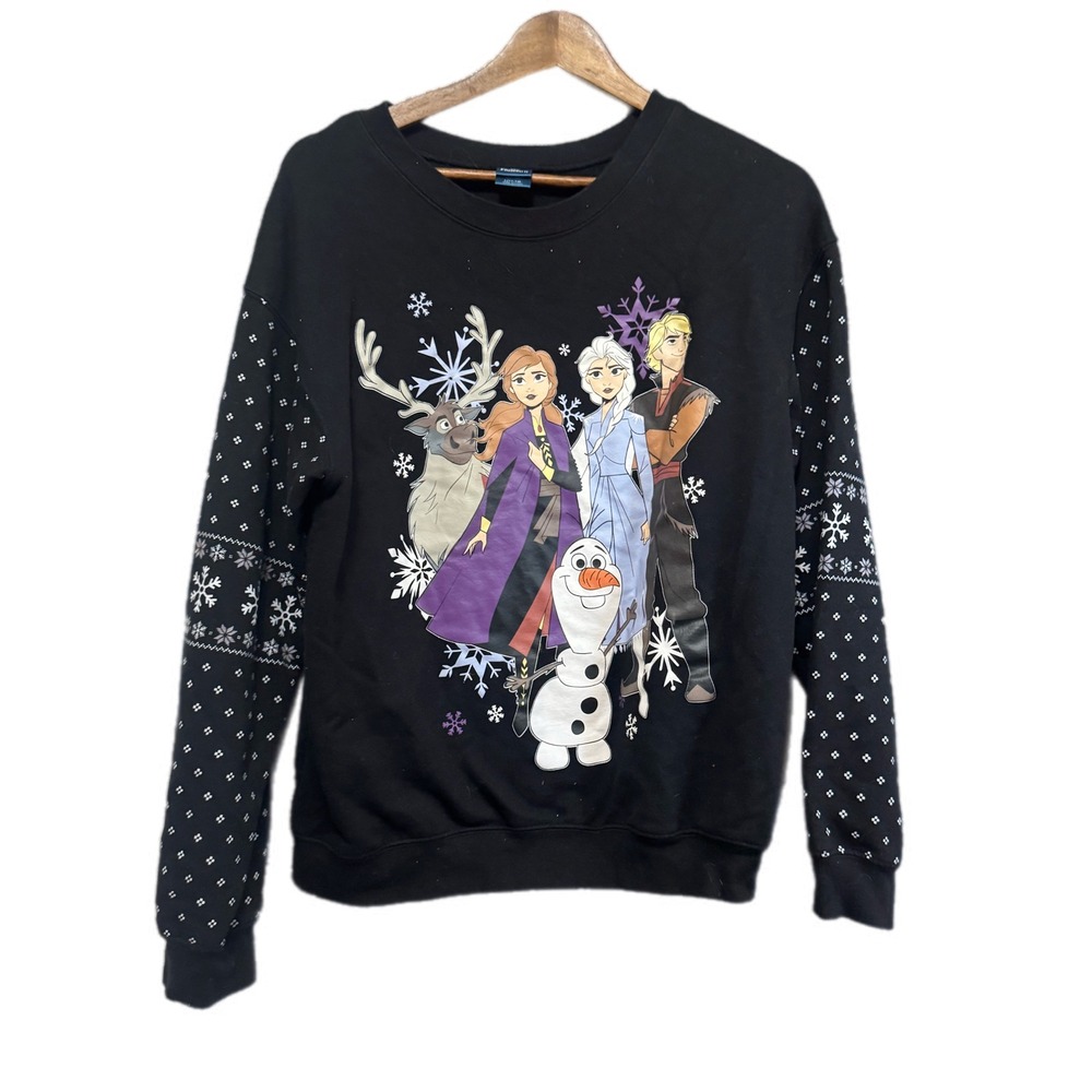 Disney Frozen‎ II Sweatshirt Womens L Black Elsa Anna Olaf Fair Isle Pullover